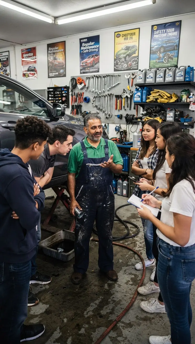 Close-up of hands performing oil change on a compact car at a local repair center