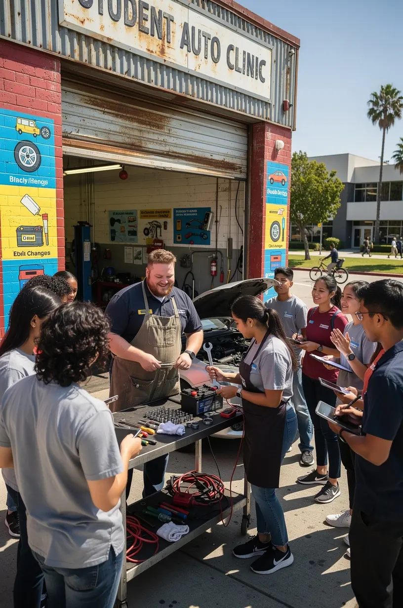 Technician demonstrating tire pressure check to a young driver on a budget